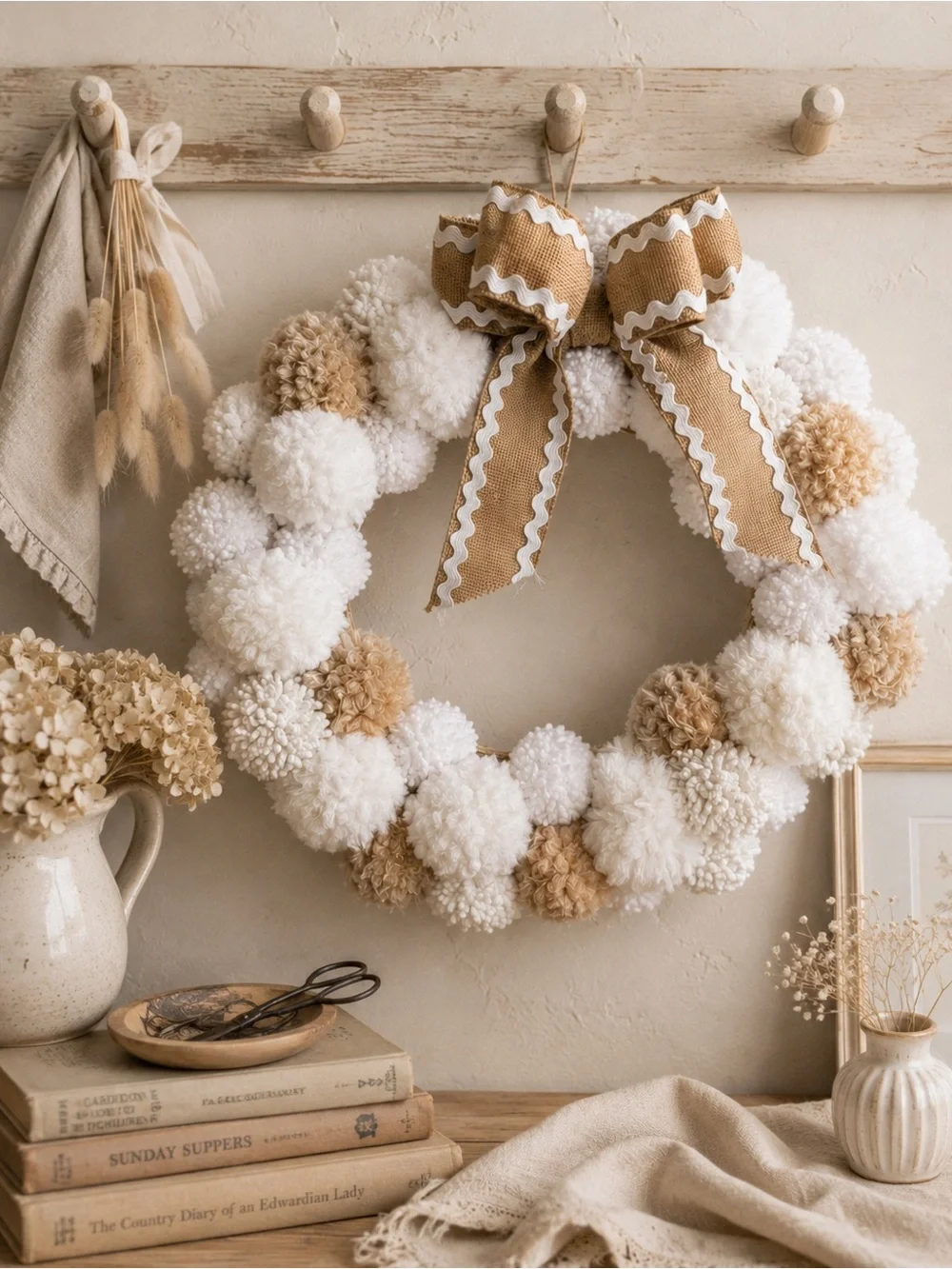 Handmade Pom Pom Wreath Neutral Tones‎ Cream Brown White Burlap Bow Straw Form